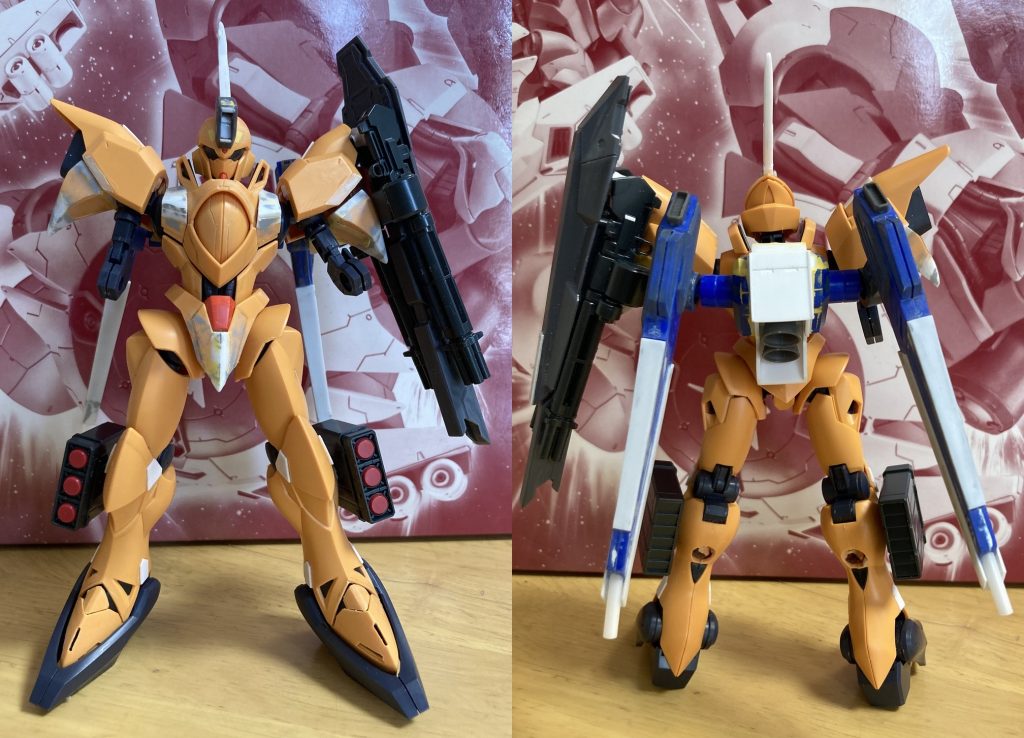 　プロポーションチェックした時の写真です。角の基部は1/144ガンダムの腰フロントアーマーを小型化して貼り付け，胸部はプラ板でボリュームアップ，肩部アーマーは一体構造だったものを別パーツ化，腰フロントアーマーはプラ板でとがらせつつ形状変更しています。　RE/100シリーズということで，内部構造は単純で作りやすく改造もしやすいと，とても良いキットでした。ぜひ1/100スケールでゲンガオゾも立体化してもらいたいと思いました。　最後までご覧いただき，ありがとうございました。