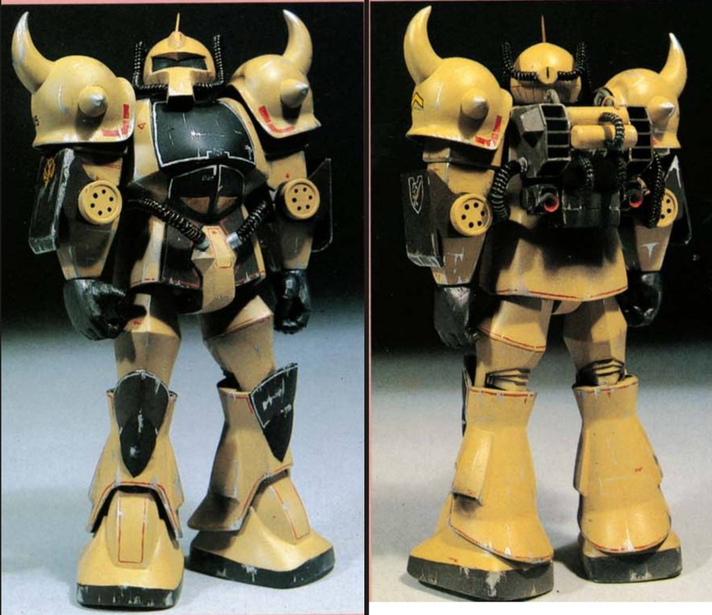 グフが手に入ったら、これをやってみたいと思っていたのは、プロモデラー伊藤霊一さんのYouTubeを見て感化されたからです。（YouTubeのリンクを貼ろうとしたら、うまく行かなかったので、コメント欄にURLを書きました）伊藤さんは各部位の寸法から流用パーツまで完全再現（の途中）ですが、私の方はランドセルと腕の追加装甲を自作しただけで、本体は無改造のリバイブグフの、なんちゃって砂漠の駐屯地です。ただし工作方法は多いに参考にさせていただきました。