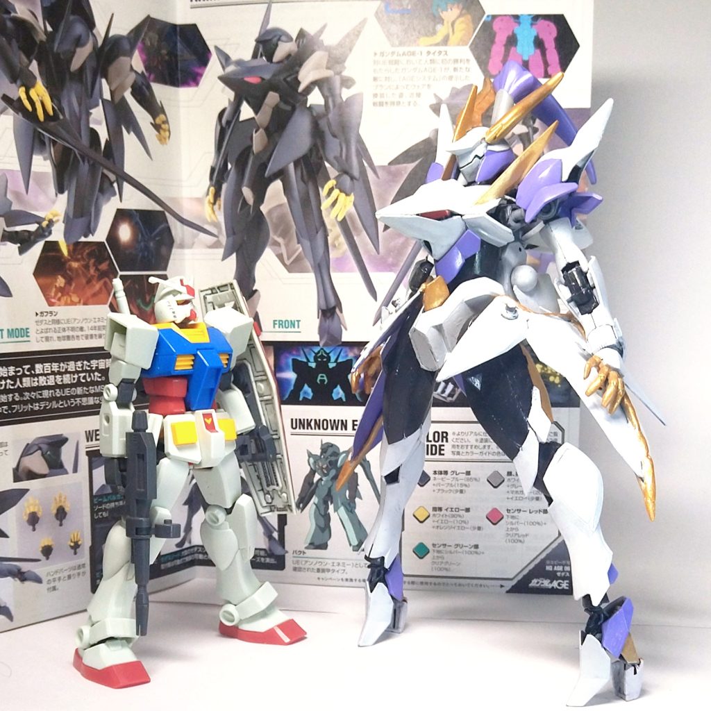 取説の素ゼダス（とEG78）とセットで。こう見ると誰だテメェ！ってなるくらいバランス違いますね。個人的に素ゼダスのバランスは「脚以外1/100」って感じで不自然に見えるので、やっぱ脚長い方がいいですね。弊害としてなんかデカいのは致し方なし…