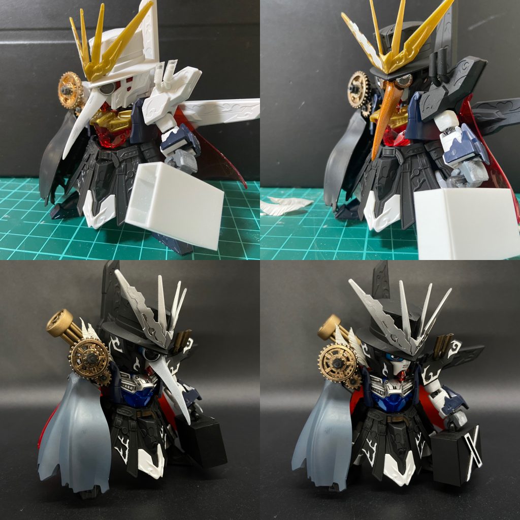 箱はプラ板箱組で作成。工作は順調だったのですが、今回は色がビビるくらい決まらず苦しみました!黒ベースかつ青はどこかで使いたい…マスクオフにもハマる感じでと特にマスクの色決定に苦しみました。結局戦車の転輪を片目に落とし込み、ゴールドの差し色にすることでバランスを取りました。やはり造形の情報って大事です。