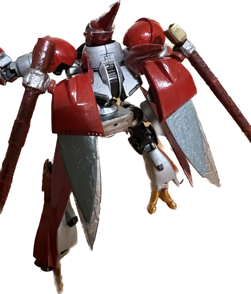 背面はほぼジークルーネバーニアに着いてるパーツにオーラーコンバータ股関節は足の接続軸をカットしてビルバインの股パーツの中に収め接続軸を移植して作成オーラーバトラー特有の股の広さを稼げたかな