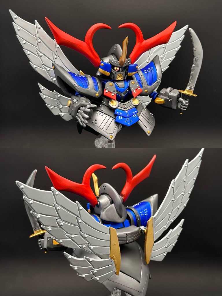 前後の画像ですSD戦国伝メモリアルブックに載ってる設定画のポーズです見た目もズッシリしてそうですが、実際ズッシリしてますw(台座混みで247g)LGBBサイズの他のキャラと並べてもちょうどいいサイズ感を目指して作りました