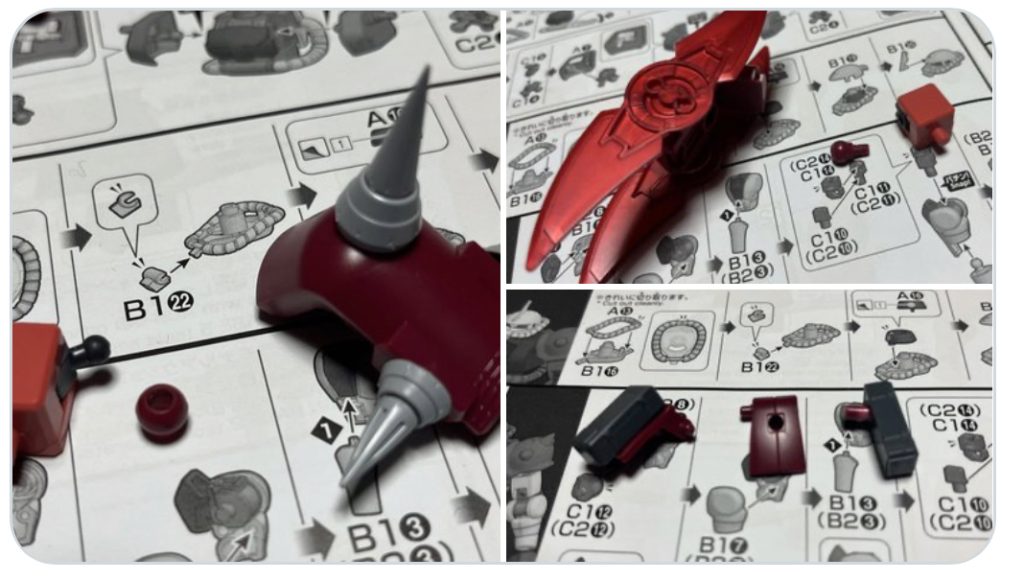 肩アーマーは左右で接続方法が違いますので。アメイジング側のボールジョイントを小加工して差し替えできるようにしました。 左肩スパイクはビルダーズパーツ。右肩はジャンクのSDの手裏剣?を分割して取付…ビーム手裏剣としても使えます。本来肩に付く追加装甲?はサイドスカートに移設。