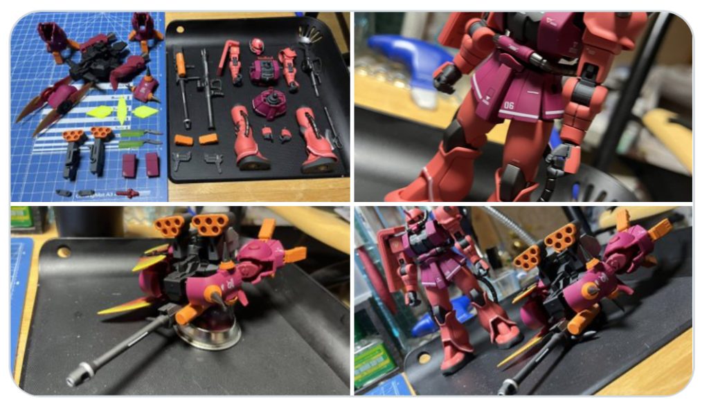 組み付け完了からの、ロールアウト! うおお…ザクカッコいい…(*´꒳`*) アメイジングブースターも差し色と小改修でカッコよくなった*\(^o^)/*