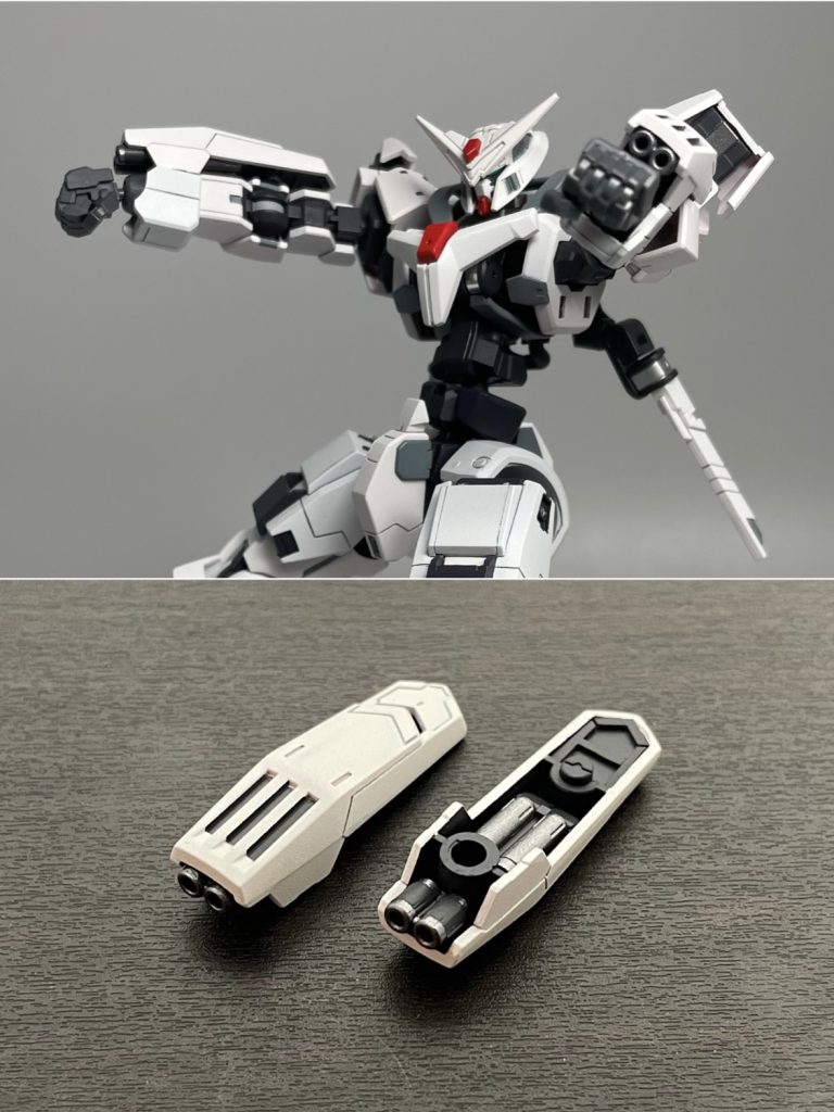 武装②サブマシンガンアームガードに内蔵された兵装です。こちらはアリオスのようなイメージで組み込みました。ほぼ見えなくなってしまいましたが、アームガードの内側も作り込んであります。続いて外部武装を紹介します。