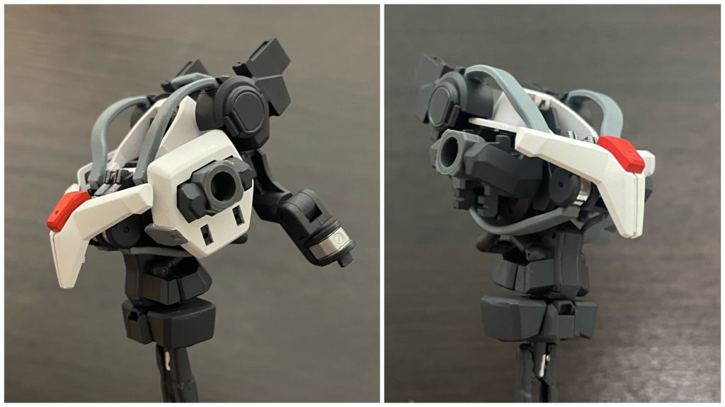 お気に入りの胴体フレームです。グレイズに特徴的な脇腹のケーブルを首周りにも増設し、情報量を増やしてみました。また、肩関節が繋がる接続ブロックは上下反転させて取り付けています。胸部正面の装甲にはクアンタのフロントスカートを使っています。