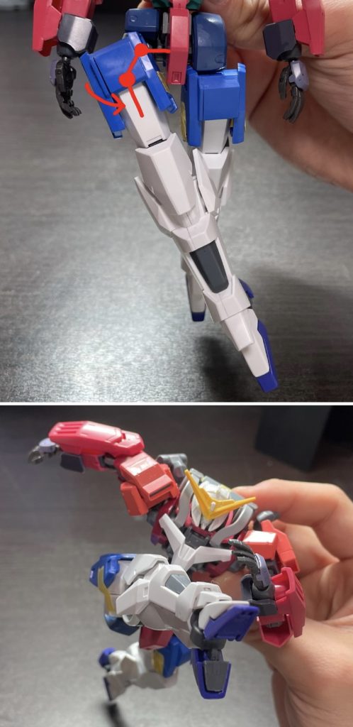 股関節の可動軸は大腿接続側にも増設したことで、股関節周りの装甲を避けながら大きく脚部を挙げることができるようになりました。これによって膝立ちも綺麗に決まります。