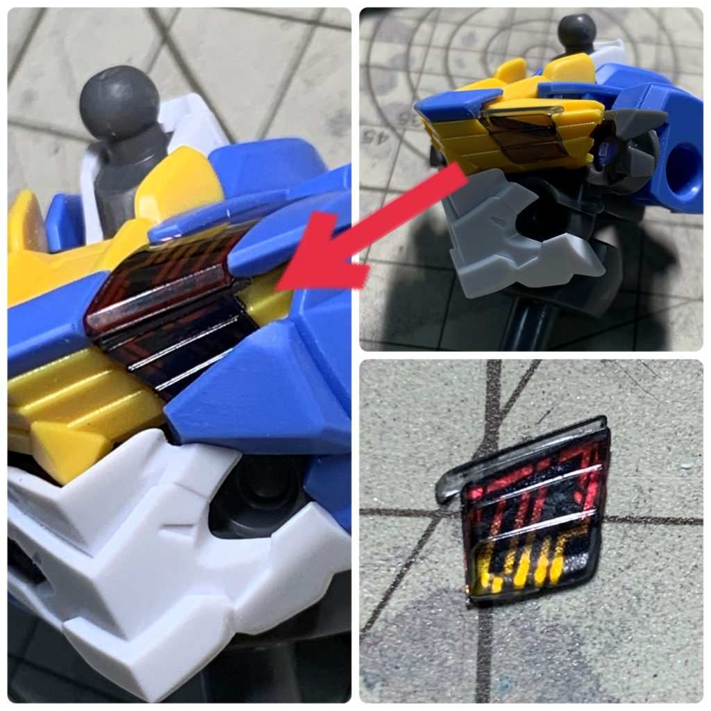 胸部の独特なシェルユニットは一部はめ込みダボが目立つので、ダボ部分をカットし、ヤスリでキレイにした後、付属シールをカットして貼り付けることで仕上げました。インモールド成形で作られたパーツを使っているため、余ったシェルユニットのシールを活用しています。