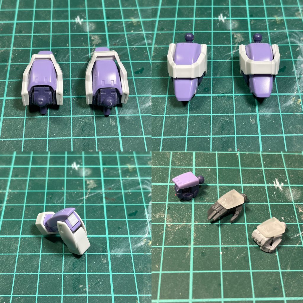 HJウェブの作例を参考にチャレンジしてみました。ショルダーアーマーの幅詰め。肘にモールド入りプラ板でディテール追加。ハンドパーツはキット付属以外に両平手(ジャンク)、握り拳(MSハンド小)を使用し、ハンド甲はUVレジンで複製しました。