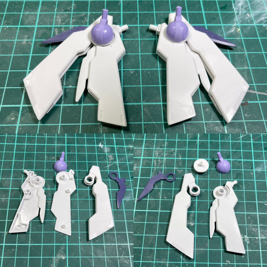 ウイング部は上部を切り欠いて可動域を拡大。ポッド付け根は丸部をくり抜いて後ハメ加工してあります。