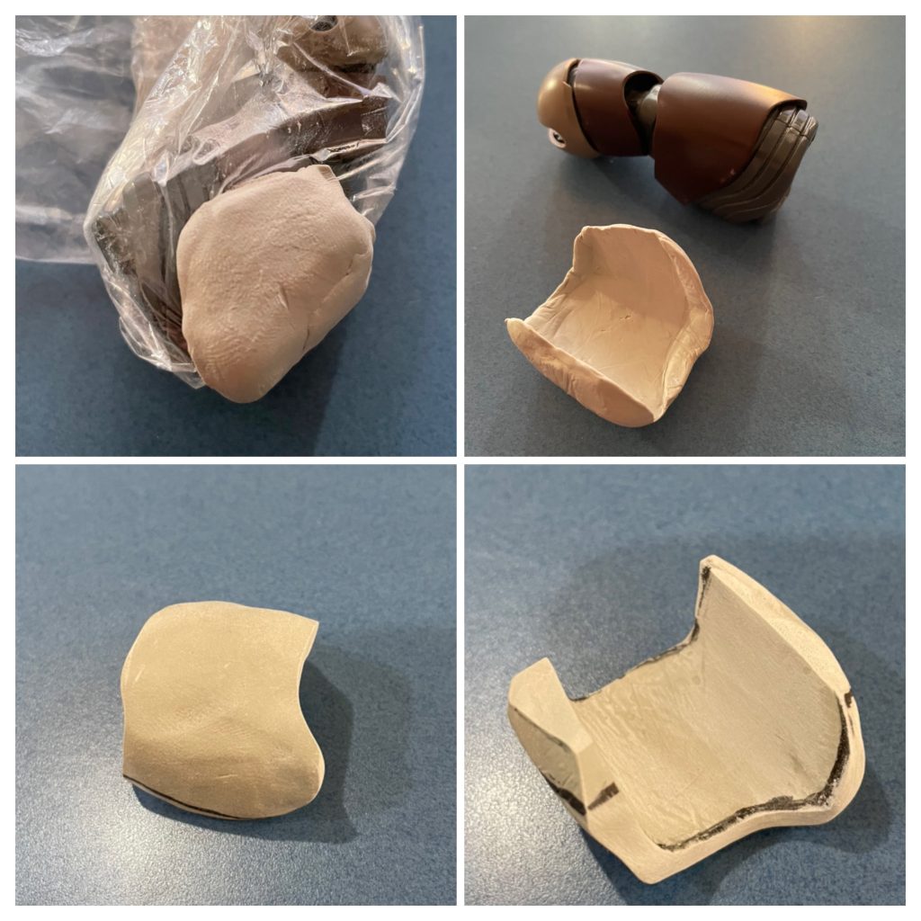 足のパーツは、元キットをベースに内側がフィットするように型を取り、膝の屈伸時にスライド出来るパーツを作成しました。