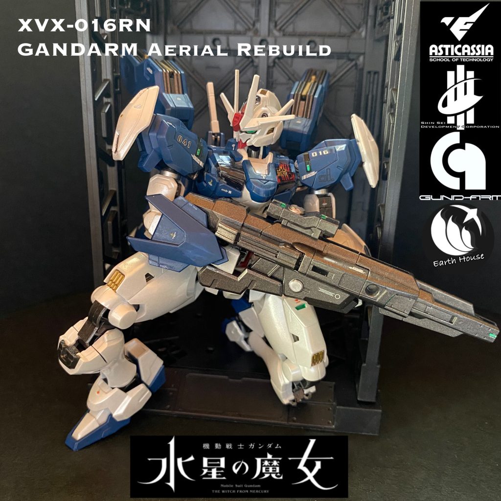 悩んで今回はボツにしたトップ画案です。デカールは機体の型式番号や、スレッタの学籍番号、スレッタ持っていたオレンジハロなどから。使用キットHG1/144 ガンダムエアリアル　改修型水性ホビーカラー水性ホワイトパールコートガンダムマーカー　ゴールドガンダムデカール　スジボリ堂ロボデカール