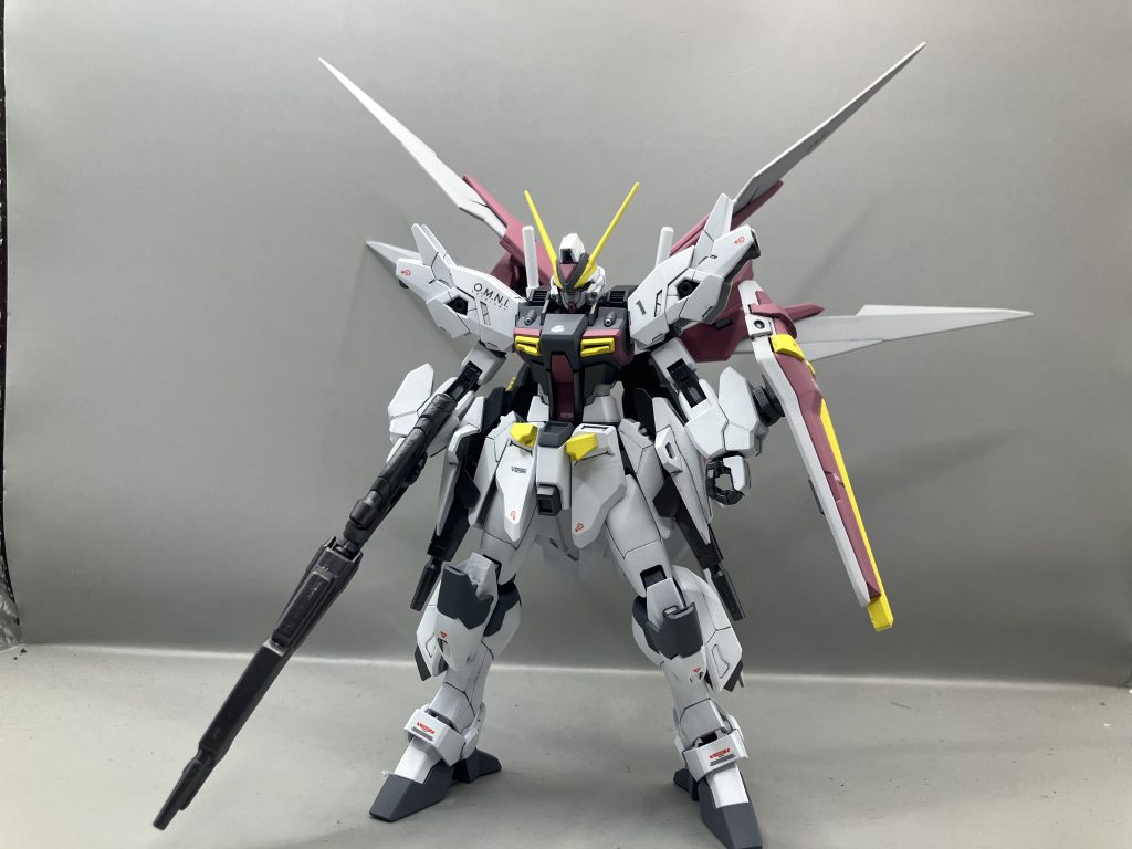 正面からフェイスはコアガンダムの物を塗装後、接着しています。本来はHGCEストライクのフェイスを使う予定でしたがかなりスカスカでした。