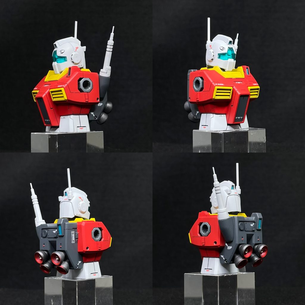 ⚪︎頭部・前後に幅まし／1mm・顎を引けるよう、顎下を削り込み・アンテナは 金属パーツに差し替え。、⚪︎胴体・首は基部から切り落とし、他キットパーツから流用→上方への延長および、後方への移動。・腹部で延長工作／2mm・胸ダクトは 彫り込んで 薄く 深く 加工。⚪︎腰部・フロントアーマーを下方向に延長／1mm・サイドアーマーは増厚／0.5mm・リアアーマーはプラ材で ver.UCに形状変更⚪︎バックパック・ニコイチ成形のバーニアは接合部が見える為、 分割後 接着。 