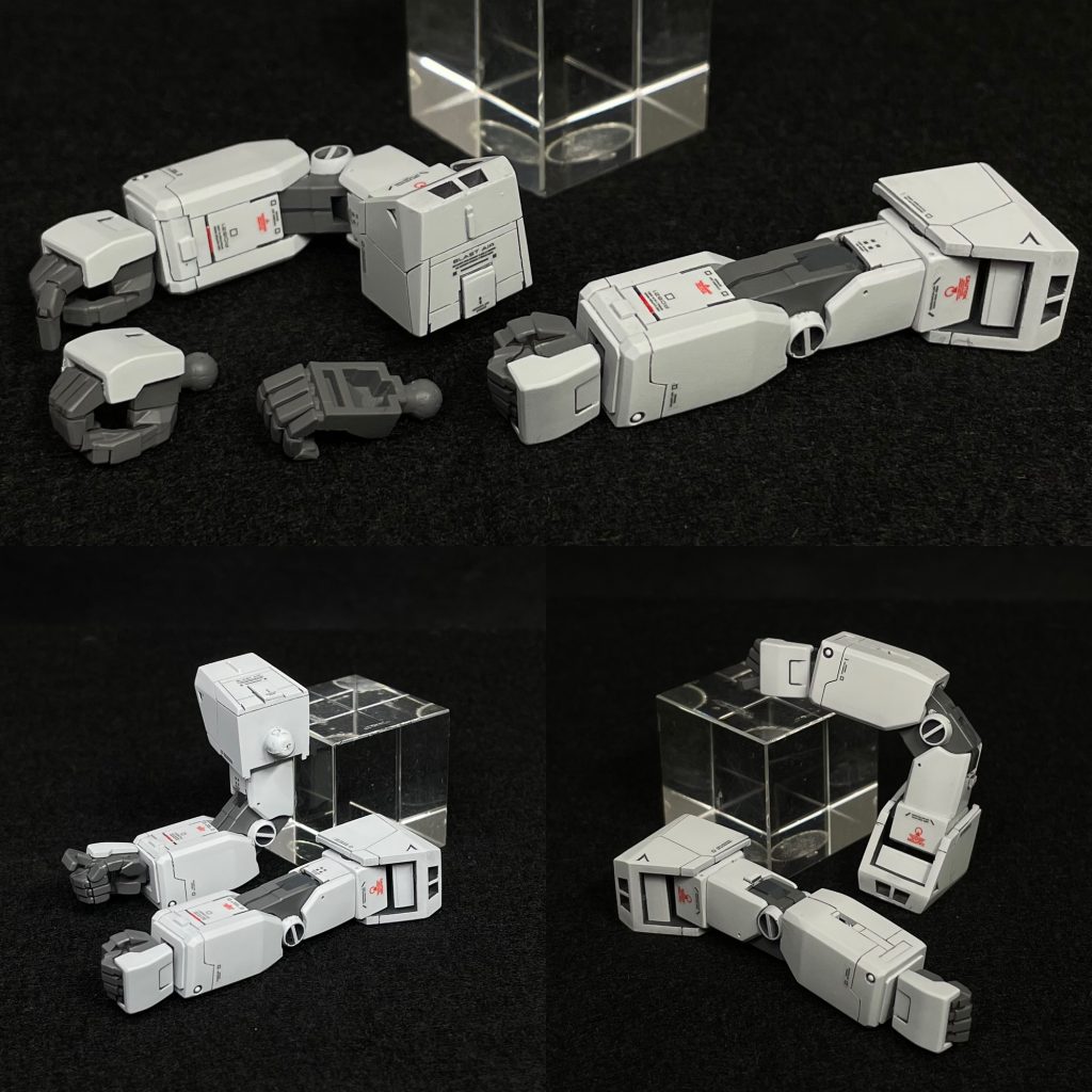 ⚪︎腕部・肩ダクトは 設定画を参考に 2口に変更。・肩は幅詰め／2mm・肩の下部をカットし小型化／1mm・肩内部パーツは干渉部を削り込み・上腕は延長／1mm・肘丸モールドは下腕からカット→肘丸モールドは市販品から制作／塗装後 肘フレームに接着・肘は MGを参考に 外装を制作・上記に合わせて 下腕はパテで形状変更。・市販品から、左 握り手を制作。