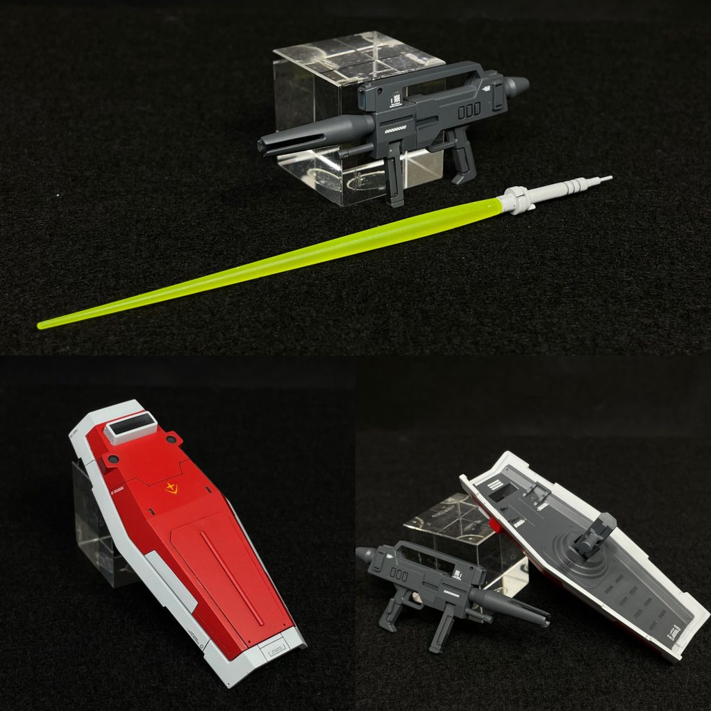 ⚪︎装備・ライフル先端のモールドは開口。・銃口の縁を薄く加工。・サーベルグリップの甘いモールドはオミット。新規に彫り込みと金属パーツでディテールアップ。・シールドは、ver.UCにならい、十字マークをオミット。