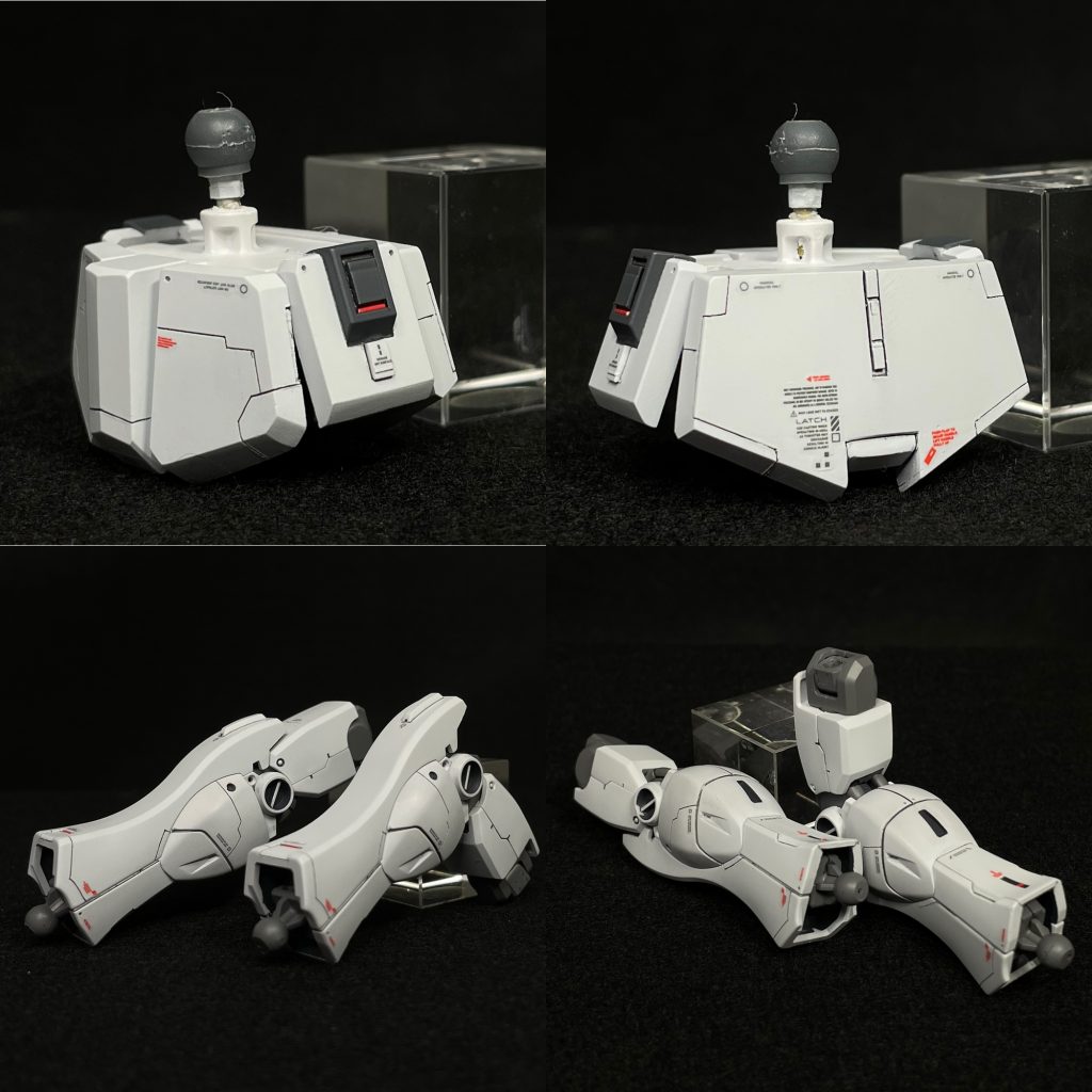 ⚪︎脚部・太腿裏上部、リアアーマーとの干渉箇所をカット。・鳥脚になるように 膝を加工・膝上部は長すぎると感じた為 カット／1mm・足首で短縮加工／2mm・膝丸モールドは 薄く加工。・足首丸モールドは 一旦くり抜き、プラ材で作成。・靴は、前後でカット。踵はフレームに接着し、クリアランスを調整→可動式に。・足裏バーニアは 別パーツ化。 