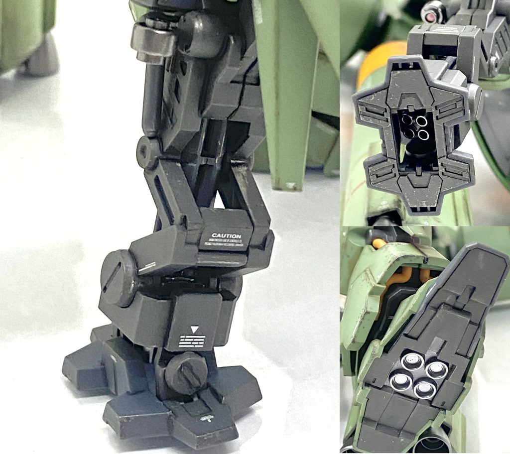 脚の部分も手抜きなく作り込み、足裏のバーニアとガトリングガンのマズルはメタリックに塗装しています。