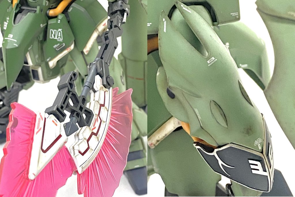 右腕の袖の部分は先にラッカーの白を吹いて、エナメルの黒を吹き、装飾の部分だけエナメルのシンナーで落とし、わかりにくいですがジャベリンも塗り分けています。