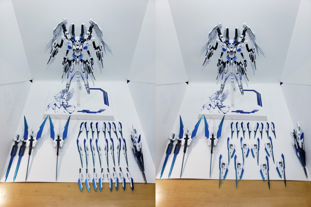   さらに今までには無い新たなギミックとして、武装同士が合体させました。ソードとライフルはそれぞれブレードビット、シールドビットと合体させることで、大型のビットとして機能するようになる設定です。  そしてソードビットは、大中が合体してフィンファンネルのように変形することでガンビットとして機能する設定です。これらのおかげで、ソード4本になってもフルバーストの際、全ての武装を使えます(今まではライフルがどうしても使えなかった)