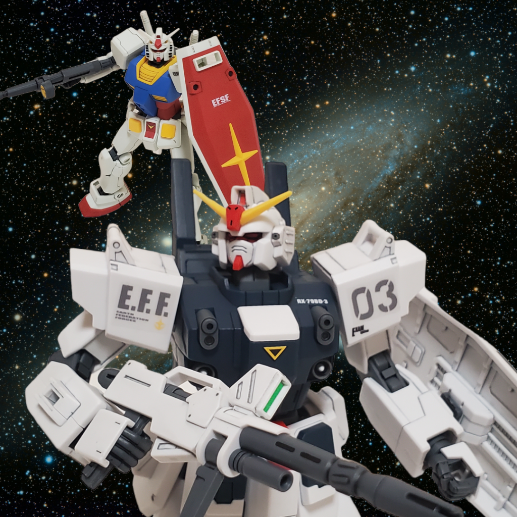 ・パッケージ風(BD2号機の代わりにHGUC191で)「ザクの次はボールかよ。やってられねぇな」とフィリップの声が聞こえて来そうです(僚機の2機はジム→鹵獲ザク→ボールと乗り換えます)。最終ステージの対BD2号機とシュミレーターでの対RX-78戦の空間戦闘も上下分割で再現され、EXAM発動状態という事もあり、スピーディーで楽しかったです(相手の下に潜り込んで背後をとったり)。ビームライフルはBD2号機は2連射でRX-78は3連射だったと記憶してます。避けてる時にデブリにぶつかってしまった時にはモロに食らって大ダメージ…。