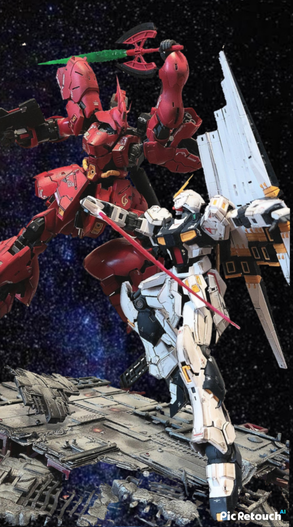 RGのニューガンダム、サザビーです。ほぼ素組、ウェザリングをしたぐらいです。スペースコロニーとおぼしき残骸は、プラ板にランナーなどを貼りつけて作成、デブリパーツを足してみました。