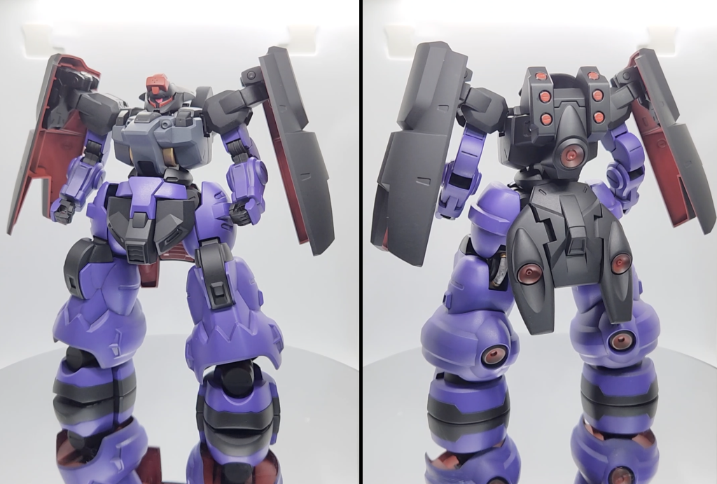 できる限り、ドムのカラーリングに近づけてみました。「ディランザ・ソル」をデザインされた方は、絶対狙っていると思うんですよね。シールドや肩アーマ、腰部のアーマーや脚の裾など裏を真っ赤にしているのもポイントです！