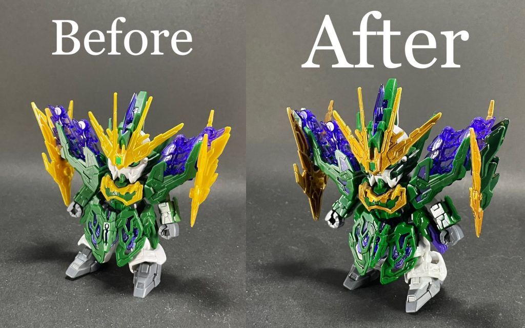 素組みとのビフォーアフター！筆塗りでもゴールドに重厚感が出たと思います☺️