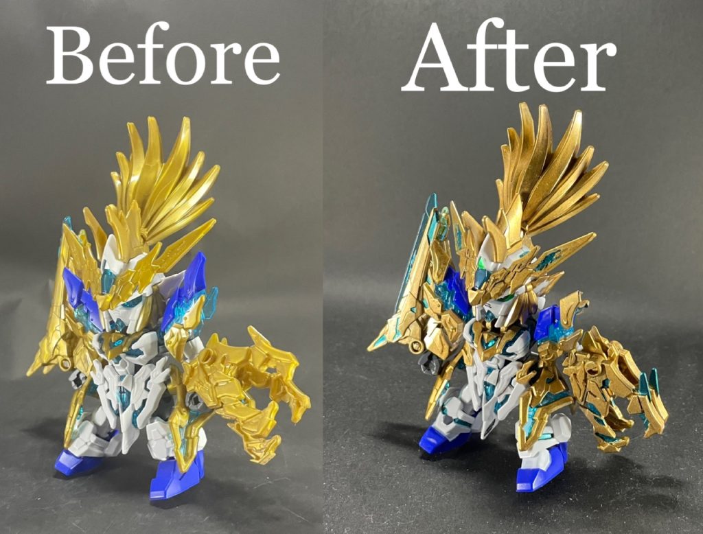 素組みとのビフォーアフター。ゴールドを塗るだけでも重厚感が一気に出ました♪