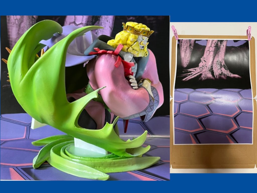 「ゴゴゴゴー」で紋章形態の後ろに置いてあった渦のエフェクトは、組み替えてスタンドにできます。この角度でも前を向けるよう、首にだけは関節を仕込んだのでした。あと背景はお絵描きソフトで地面を描き、でも柱がうまく描けず、近所の公園の木をDG細胞で侵して写真に収めました。A3用紙1枚の狭い空間での撮影は窮屈でしたが、汚部屋を晒すわけにはいかないので死活問題です!投稿写真のトリミングはその為です。見づらいかもしれませんがご了承ください。