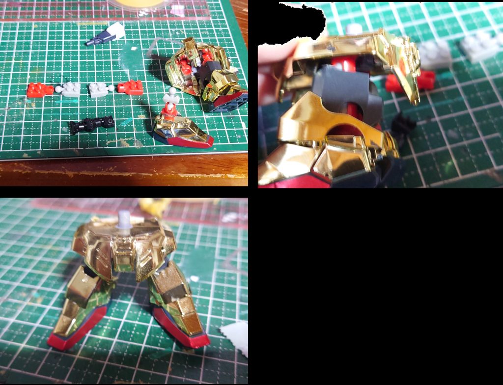 まずは足 百均のレゴでフレームを作りHGの百式の足首+膝のカバーを被せていく感じです、ここはあえて接着しないことで可動を優先しました