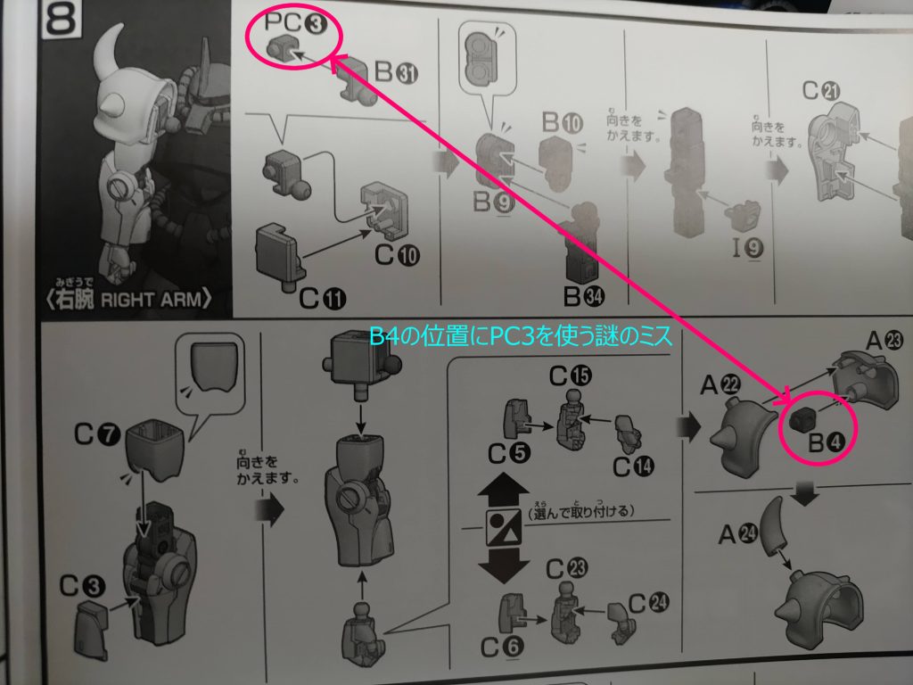 話は現代に戻り、この HG グフ です。順調に足、胴体、と進めて腕に取りかかろうとしました。まず肩の四角い部分、スパイクアーマーの下になるところですね、説明書にPC3とあります。ところが私のPCのランナーにはパーツが残っていません。え?? いやいや、そんなことはないと、説明書を最初から全チェックして...ありません、PC3...。やらせでもなんでもなく、また本当に、胴体と肩を繋ぐジョイントになる部品を繋ぐ部品がありません。これでは片腕どころか両腕ロストです。頭から足の方に血の引いていく音が聞こました。え?え?って言いながらチェックしなおしたところ、合わせ目が出るのでスパイクアーマーを先に接着していたんですが、スパイクアーマーと肩パーツを繋ぐ部品 B4 を指定されているところに、何故か PC3 を使っていました。どういうこと?おかげで本来スパイクアーアマー使う部品 B4が余っているのですが、よくよく見ると、PC3とB4 の形状がどうみても同じです。