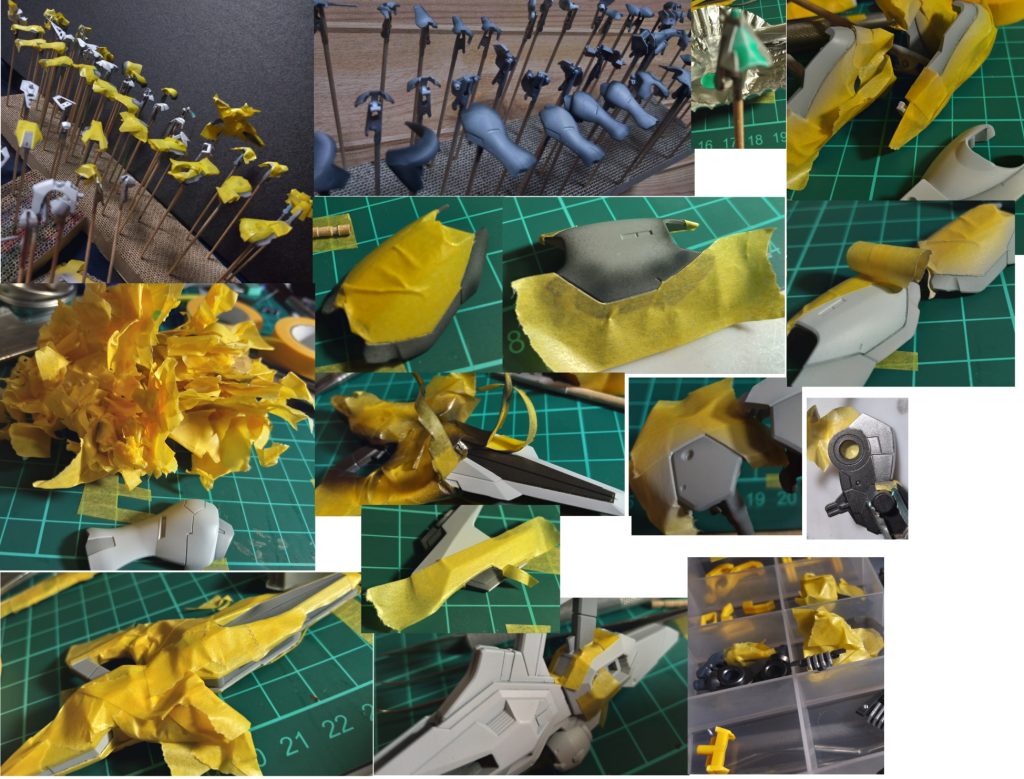 いやー、これ白/灰色+光沢/つや消しで、合計4往復マスキングしたんですよね…写真に写ってるのx4回っすね…。この夏の思い出、大体マスキングっすね。たまに漏れて修正したりのてんやわんや。おかげであんなにへたくそだったマスキングも、今回で多少上達した気がする…!あ、水星の魔女?…この時点で先週、最終回終わってましたね。(白目)初の1/100キットが二週間で終わるわけ無かったんだよォ…!