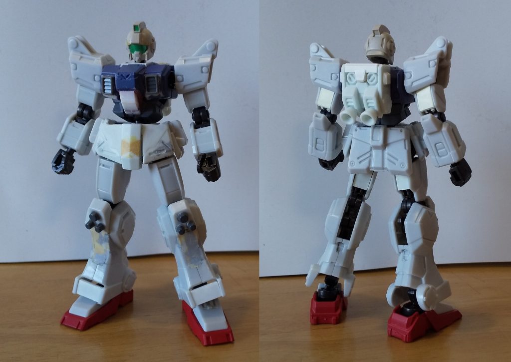 胸部前面と膝前面を陸ジムの形状にあわせて改造。胸部ダクトは市販パーツでちょうどいい大きさのものがありました。腰部前面とバックパックは同じGフレームのジムのものを調整して移植。同じGフレームなのでミキシングはやりやすいです。