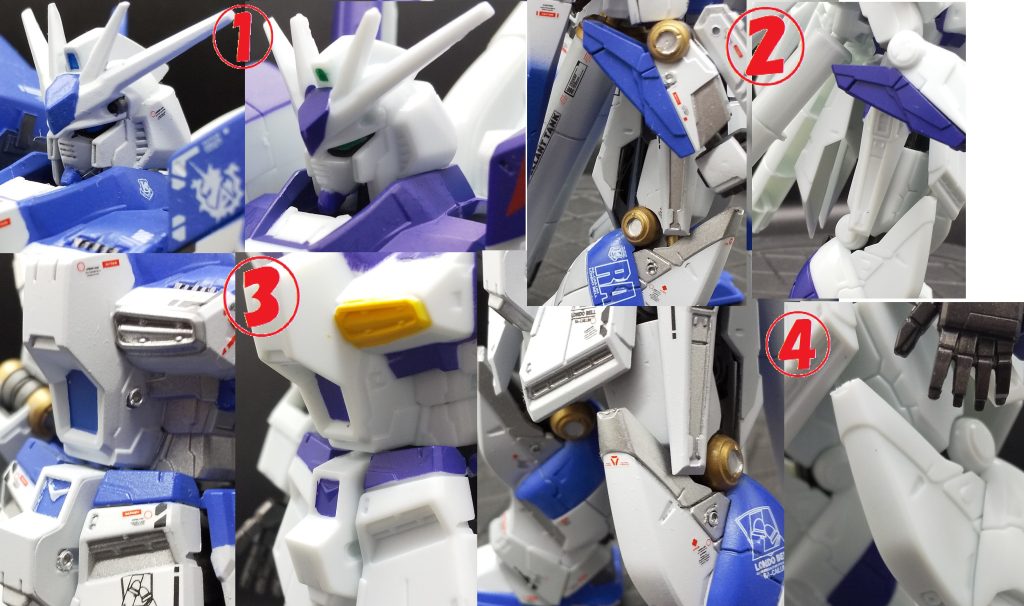 頭部（写真①）・フェイスにスジ彫り追加・約0.5ｍｍ奥まった位置へ調整これで見違えるほど精悍な顔つきになります。・アンテナシャープ化菱形に削ることでちょうどを下げることなく、正面から見たときはシャープ化されたように見えてくれます・バルカン砲開口肘、膝の関節の凸モールドを凹モールドに（写真②）前腕、コックピット、フンドシ、膝左右の〇モールド（写真②、③、④）・Gフレームでは省略されてしまっているので、エバーグリーンの1.6ｍｍ丸棒に1ｍｍの穴をあけたもので再現