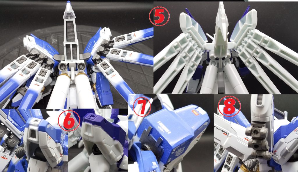 バックパック（写真⑤）・バーニアは市販のものに変更・スタビライザーの肉抜きはスリット入りのプラ板で肉抜き埋めファンネルラック（写真⑤、⑧）・ファンネルラック裏側の肉抜き埋めエポパテ。内部にはスペーサーとしてストローを入れて軽量化。表面はおゆまるで型をとってディティールを再現・先端のスラスター（ダクト？）は市販のダクトを使用・基部を市販のプラサポとポリパーツで作り直し、フィンファンネルの独立可動＆取り外し可能（ファンネルの展開まではできません）・フィンファンネル裏側の肉抜き埋めプラ板で塞いでそれらしくディティールを再現スラスター部分はプラ板とプラ丸棒、1/4丸棒の組み合わせでそれらしく再現肩（写真⑥、⑦）・接着して合わせ目消し・サイドのスラスターを掘りなおし・内側にはそれとなくディティールを追加