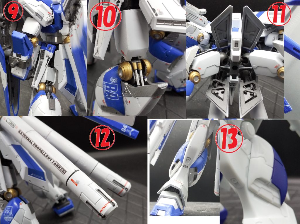 上腕、大腿部裏側（写真⑨）・フレームのむき出し部分を解消。上腕と大腿部の裏側にプラ板を直接貼っています。膝関節フレーム（写真⑨、⑩）・裏側のピンを切り飛ばし、ピン干渉回避のための溝はそれらしくディティールを追加して埋める・前面にはシリンダーっぽいディティールを追加（ダミーなので可動しません）フロント、リアスカート（写真⑪）・裏側の裏打ち。リアスカート内部には無可動ハンガーの腕を流用脚部ダクト（写真⑬）・開口し、内側にスリット入りのプラ板を張り付けプロペラントタンク・約１ｃｍ延長・先端部スラスターの凸になっているものを凹モールドに掘りなおし・肉抜き埋めエポパテを使用、中にスペーサーをかませて軽量化を図っていますが、それでも結構な重さになりました。
