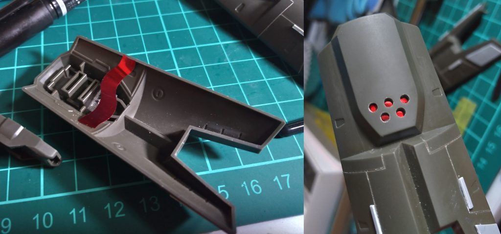 盾にスジボリやプラバンでディティール追加。100均で買ったパリピ向けのパーリィーグッズのキラキラを剥がし、ドリル穴裏の側に貼ってみたり。炉心が見えるみたいでカッコいい。盾の裏に何の内燃機関があるのぉ？と設定的に考えるも、知らんッ、考えるより手数だー！の精神で思いついたモノはどんどんやってみる。