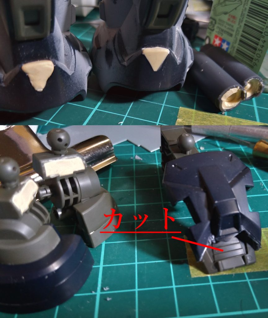 ディランザくんの前脚の裾がVVのギザギザデザインで、ちょっとファンキー過ぎて嫌だったので練習ついでにエポキシパテ導入。埋めてみたり。パテは難しそうで敬遠していたのですが、やってみると案外加工しやすくてコレは良いモノだ。見えないパーツ内部にも案外モールドがあったりしたので、もったいねぇ！とばかりに表層をカットして内部モールドをゲットしてみたり。