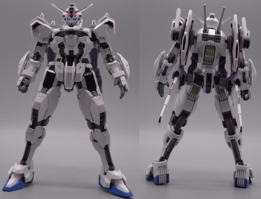 機体前後顎の赤い部分を青で塗装し、腰も足先も派手な赤色を無くして、より純白の機体を強調してみました。