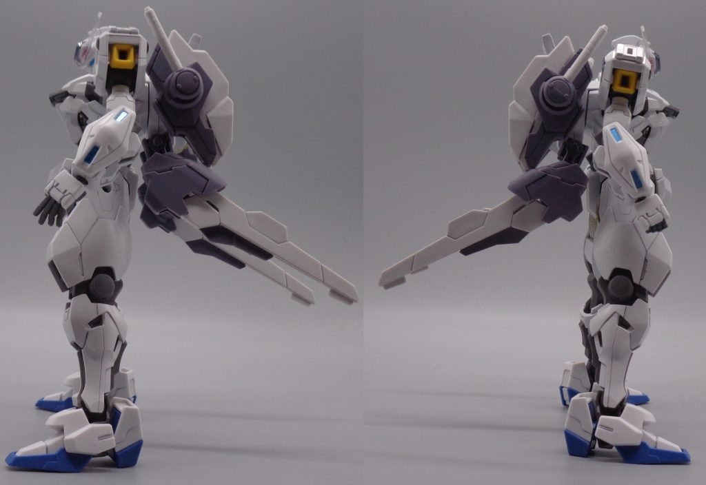 機体左右。ルブリスのバックパック部分にビットステイヴを装着していて常時ビットオンフォームで機動性能を強化しています。腕部にはエアリアル改修型から奪ってきたビットステイヴを装着しています。