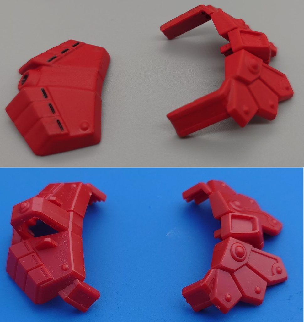 腰鎧は横に合わせ目があったので、分割して合わせ目部分をずらしました。鞘の差し込み部分を取り除きました。