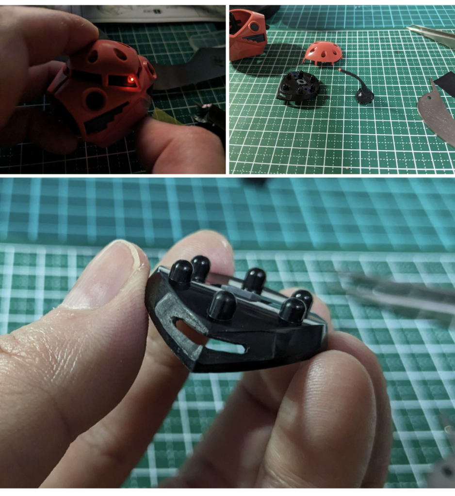 LEDと電池、光ファイバーを強引にまとめて突っ込みました。可動式にするため少し彫り込んでから穴を開けてます。