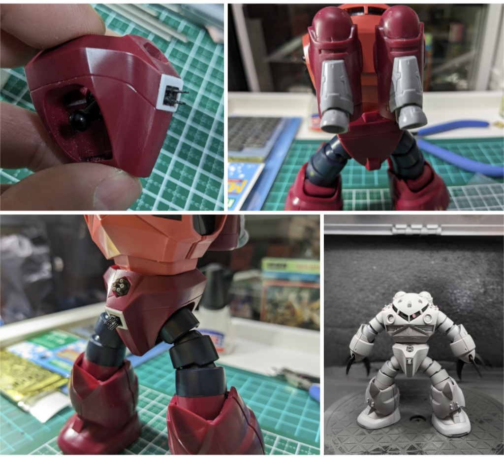 股間に機銃とガトリングを追加!接近戦で相手のカメラを狙い撃ち!推進機にはバーニアを追加して出力アップ。全体にボルトやエッチングパーツでディテールを追加しました。目立たないけど爪とバーニアはシルバーをベースにしてこすって銀SUNで磨いてます。