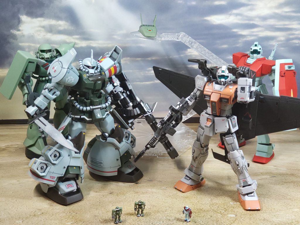 使ったキットHG ジム(モロッコ戦線仕様)HG グフ・フライトタイプ(ガンダムベース限定リアルタイプカラー)HGUC ジムHGUC ザク旧キット ムサイ付属のコムサイ ガウ攻撃空母付属のザク✕2 サラミス付属のジム