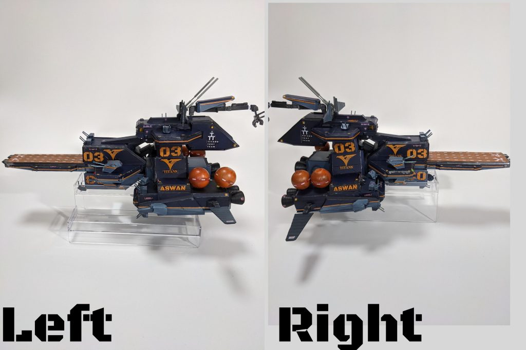 左舷右舷側から。アレキサンドリア級は250m説と350m説がありますが私は350mで作成しました。理由は第2部で述べることとします。アレキサンドリア級の特徴である巨大で多機能な艦橋、それに比して短めにも感じるMS甲板。ギュッと詰まったシルエット。またアスワン改特有の直線的なMSデッキと大型クレーンを再現。プロペラントタンクは設定ではエンジン上(!)にでかでかと積載されていて危ないので小型化しました。№03としているのは私の中で勝手に1番艦アレキサンドリア、2番艦アル・ギザ、3番艦アスワンとしているからです。デカールは全て自作。貼るのが地獄だった・・・。このデカールを創ったのは(以下略)。