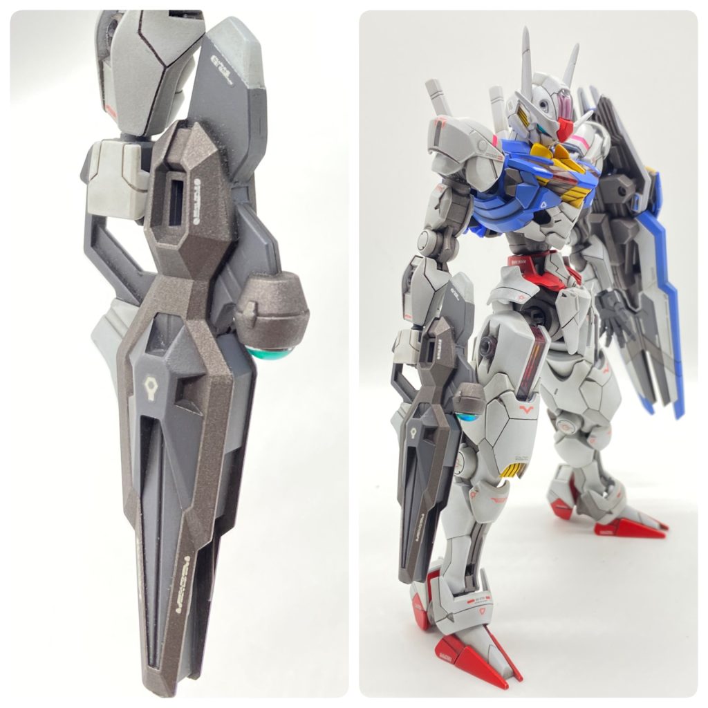 前回から、武器の塗り分けを意識するようになり、今回のビームライフルも塗り分けてみたのですが… とにかくマスキングに時間を取られました笑笑ただ、塗り分けにもセンスが必要… と思い知る今回の武器でした。スコープは、良い作例を参考にハイキューパーツのカラードームを使ってみました。