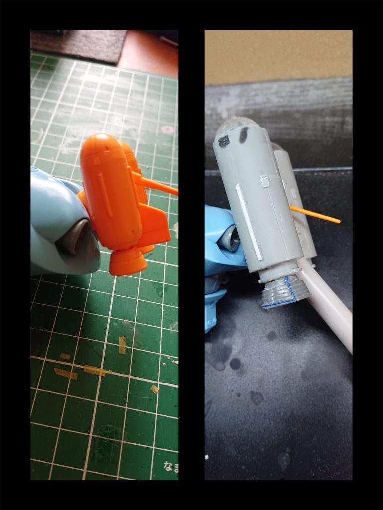 ジェットパックは電柱、上の部分はパレットを切り抜いて組み合わせて(一応サイズは計っていましたが思ったより大きさがピッタリはまりました!)、下のブースター部にもパイピングをしているのがポイントです。実際のロケットなどの画像を見てやってみました。