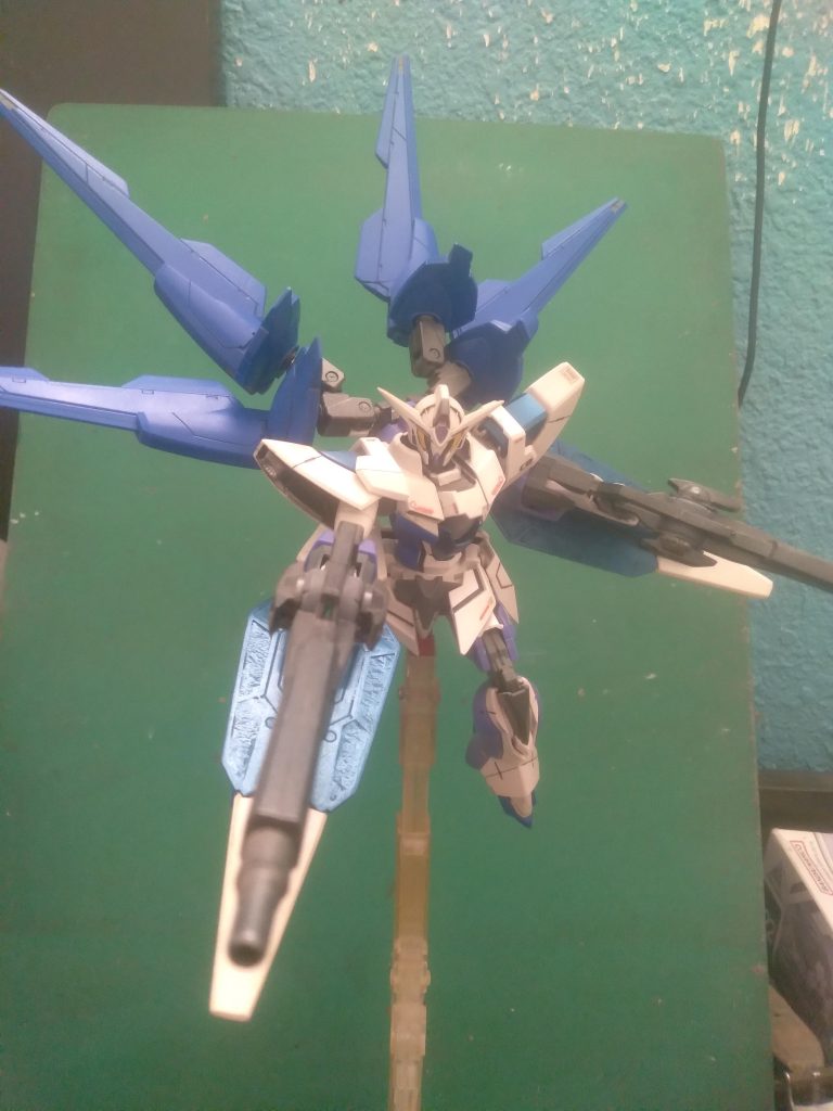 I combined 2 of the HG 1.5 Gundam kits to make this custom. The bracket for mounting the binder rifles was modified with a peg in order to attach the 2nd set. It worked out well and looks great