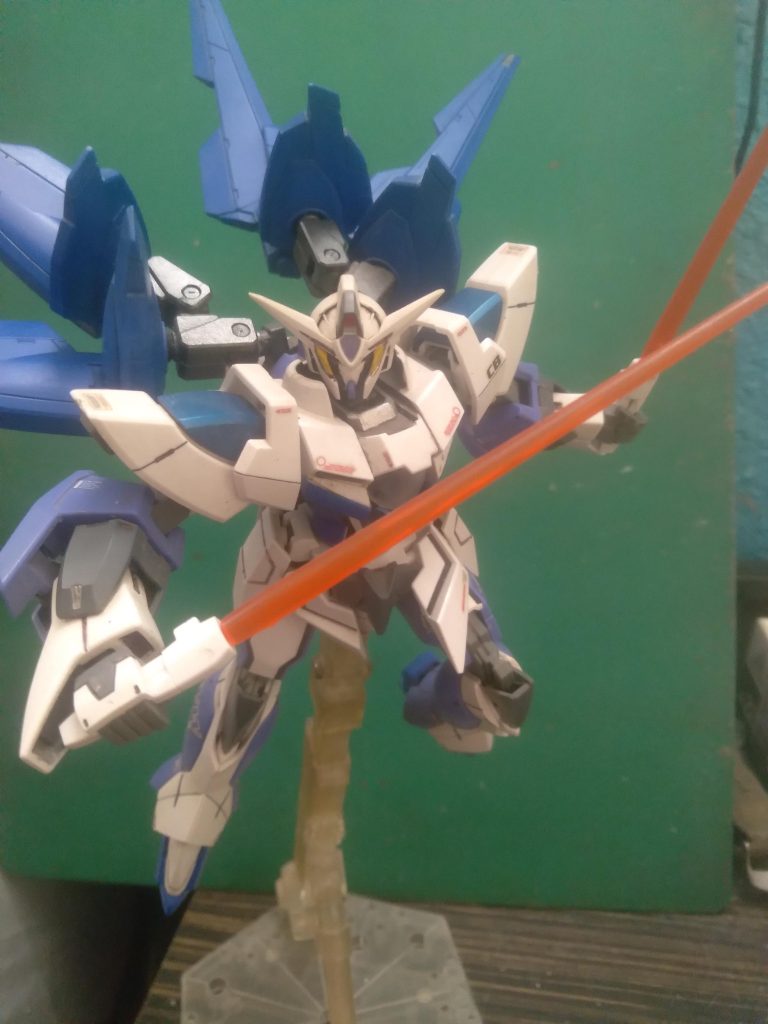 With the GN beam sabers drawn. I used the blades from the pbandai GNX-IV. I plan to paint the purple parts metallic blue and add some light grey on the body. It is by far one of my favorite villain Gundam customs I've made